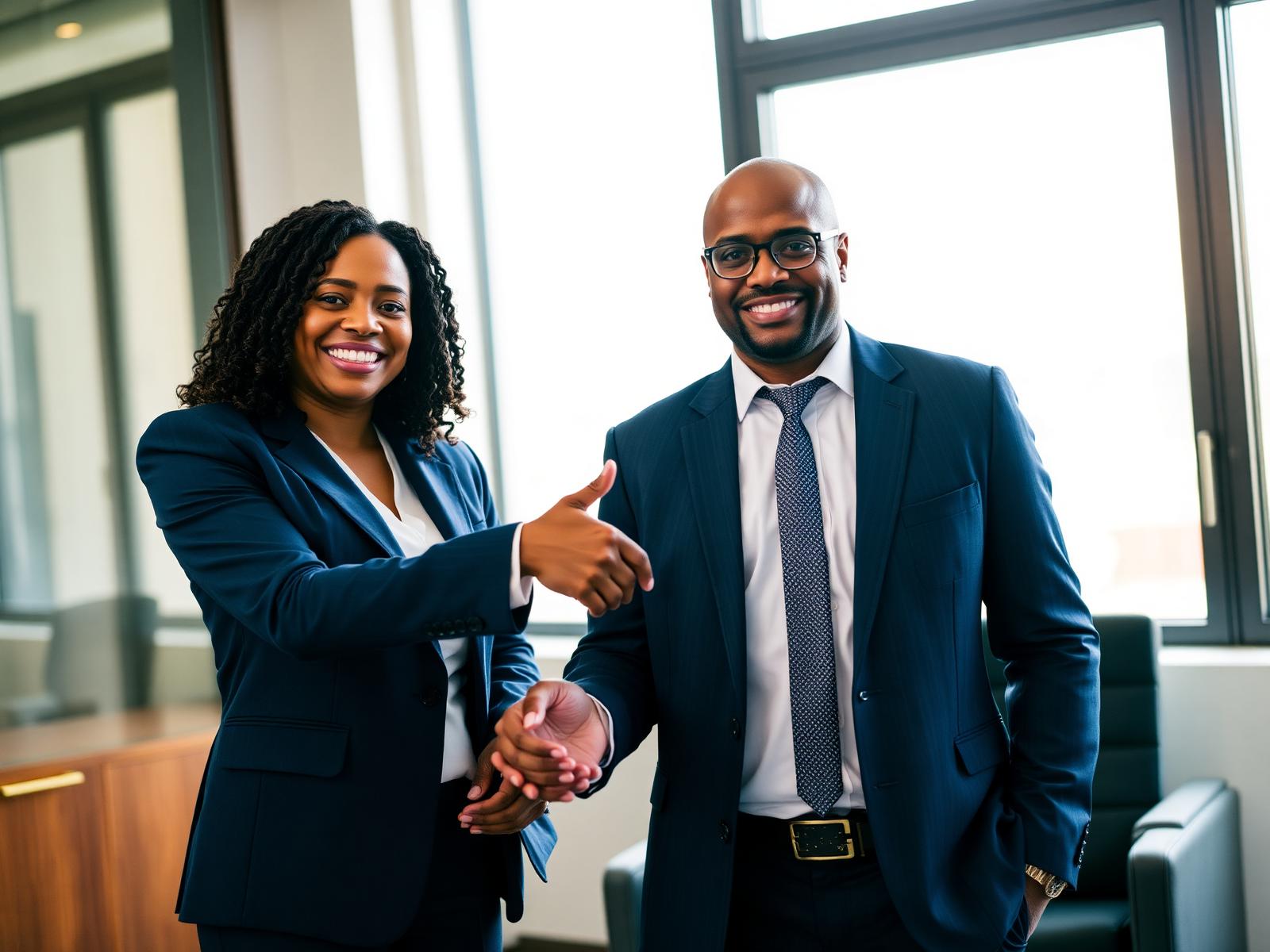 Legal professional shaking hands with an injured client in a bright modern office